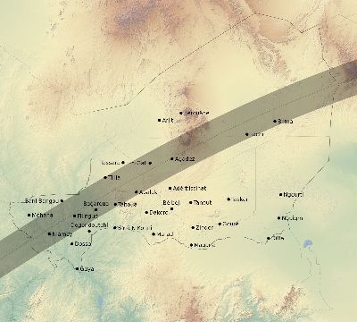 Map of the eclipse path across Niger on 04/18/2349