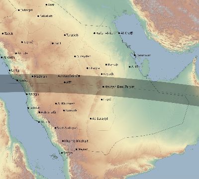 Map of the eclipse path across Saudi Arabia on 04/18/2349