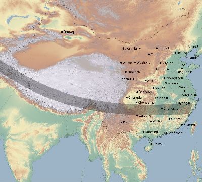 Map of the eclipse path across China on 10/02/2350