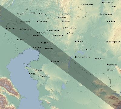 Map of the eclipse path across Kazakhstan on 10/02/2350