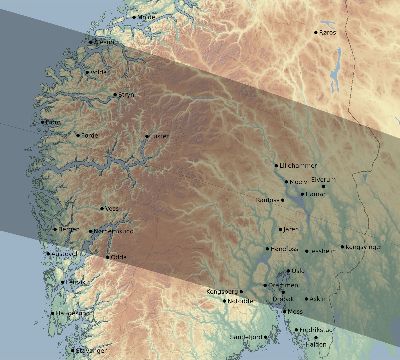 Map of the eclipse path across Norway on 10/02/2350