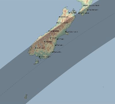 Map of the eclipse path across New Zealand on 01/25/2354
