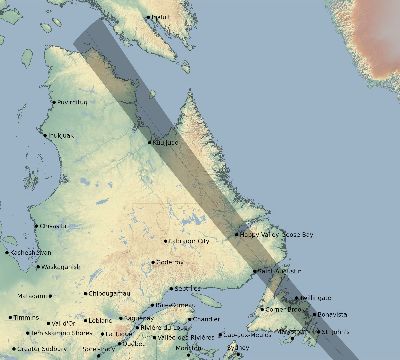 Map of the eclipse path across Canada on 12/04/2355