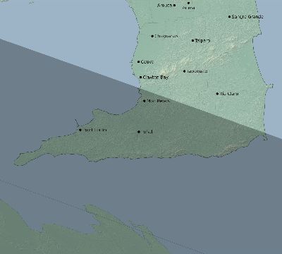 Map of the eclipse path across Trinidad and Tobago on 05/30/2356