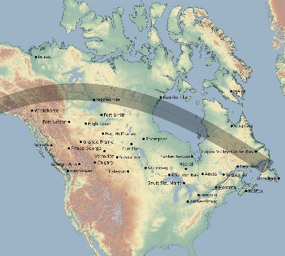 Map of the eclipse path across Canada on 05/20/2357