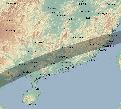 Map of the eclipse path across China on 03/18/2360