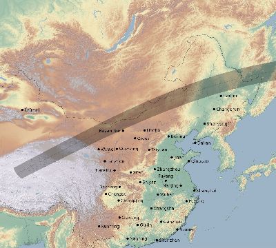 Map of the eclipse path across China on 07/12/2363