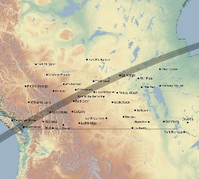 Map of the eclipse path across Canada on 02/27/2370