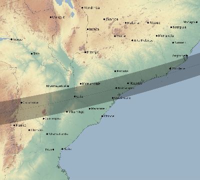 Map of the eclipse path across Mozambique on 02/16/2371