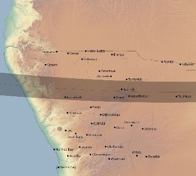 Map of the eclipse path across Namibia on 02/16/2371