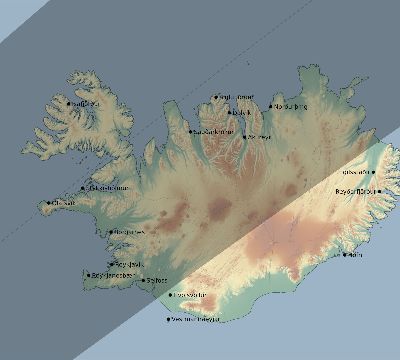Map of the eclipse path across Iceland on 07/31/2372