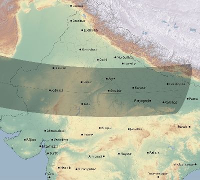Map of the eclipse path across India on 10/03/2377