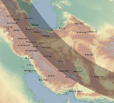 Map of the eclipse path across Iran on 10/03/2377