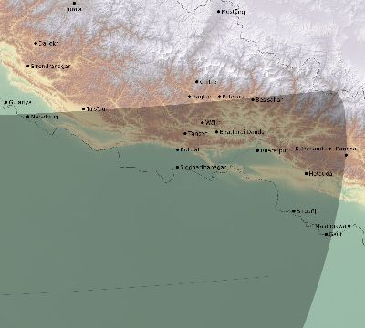 Map of the eclipse path across Nepal on 10/03/2377
