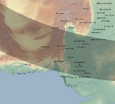 Map of the eclipse path across Pakistan on 10/03/2377