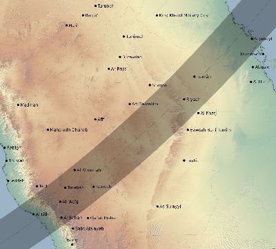 Map of the eclipse path across Saudi Arabia on 03/19/2379