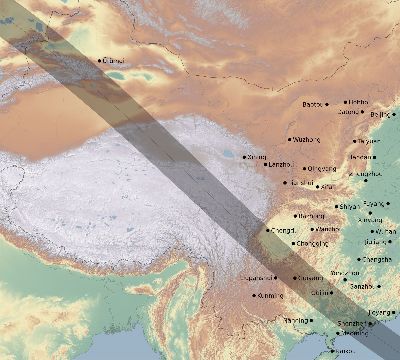 Map of the eclipse path across China on 07/22/2381
