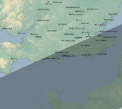 Map of the eclipse path across United Kingdom on 07/22/2381