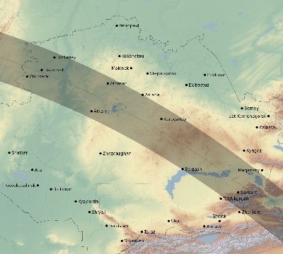 Map of the eclipse path across Kazakhstan on 07/22/2381