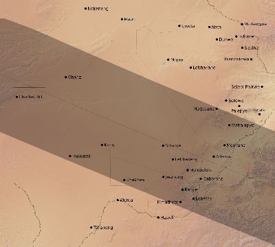 Map of the eclipse path across Botswana on 01/15/2382