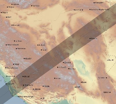 Map of the eclipse path across Iran on 01/04/2383