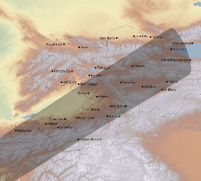 Map of the eclipse path across Kyrgyzstan on 01/04/2383