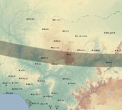 Map of the eclipse path across Nigeria on 01/04/2383