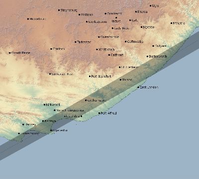 Map of the eclipse path across South Africa on 04/29/2386