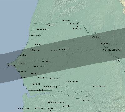 Map of the eclipse path across Senegal on 02/26/2389
