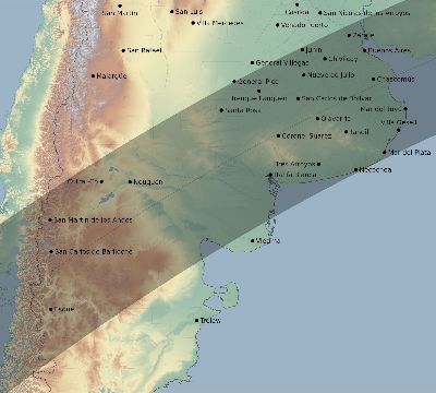 Map of the eclipse path across Argentina on 02/16/2390