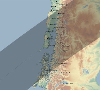 Map of the eclipse path across Chile on 02/16/2390