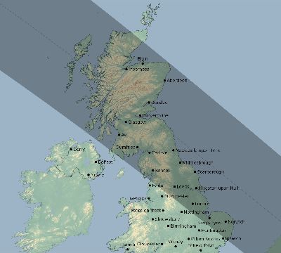 Map of the eclipse path across United Kingdom on 08/11/2390