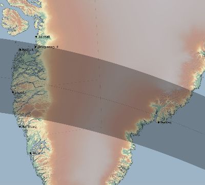 Map of the eclipse path across Greenland on 08/11/2390