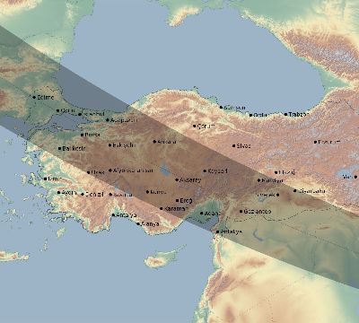 Map of the eclipse path across Turkey on 08/11/2390