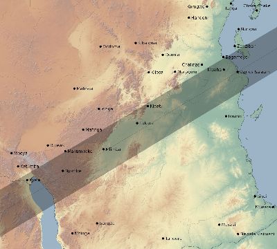 Map of the eclipse path across Tanzania on 06/21/2392