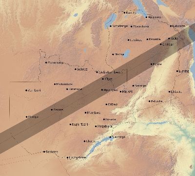 Map of the eclipse path across Zambia on 06/21/2392