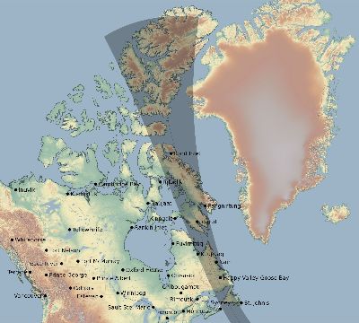 Map of the eclipse path across Canada on 10/14/2395