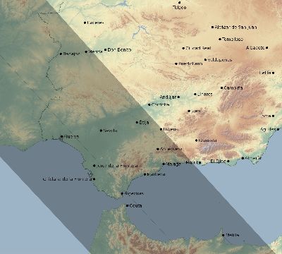 Map of the eclipse path across Spain on 08/02/2399