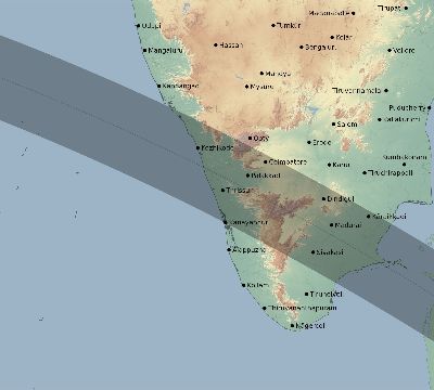 Map of the eclipse path across India on 07/22/2400