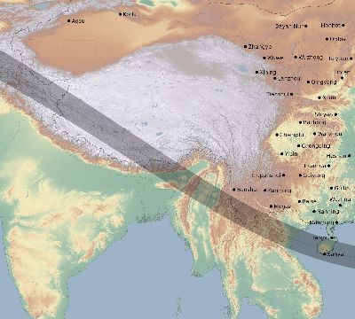 Map of the eclipse path across China on 11/03/2404
