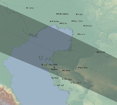 Map of the eclipse path across Kazakhstan on 11/03/2404
