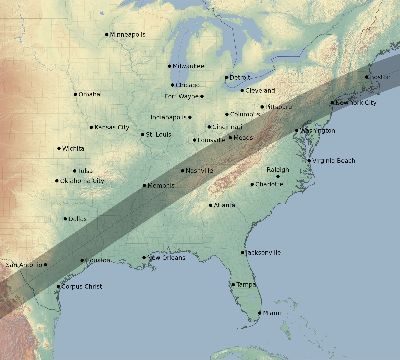 Map of the eclipse path across United States on 06/21/2411