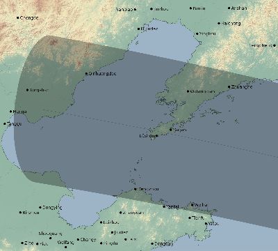 Map of the eclipse path across China on 10/14/2414