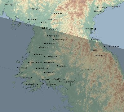 Map of the eclipse path across North Korea on 10/14/2414