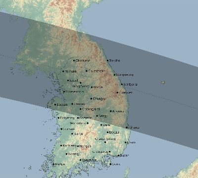 Map of the eclipse path across South Korea on 10/14/2414