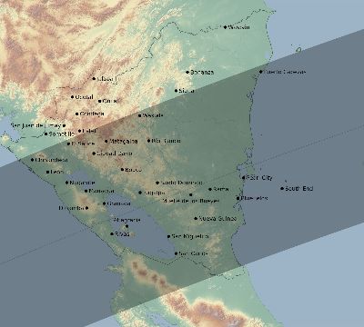 Map of the eclipse path across Nicaragua on 02/06/2418