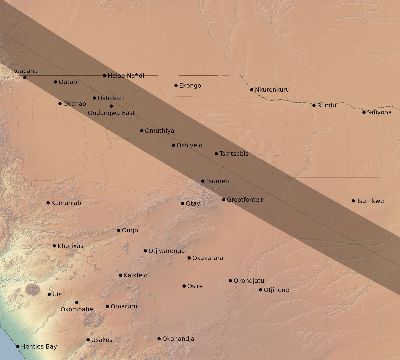 Map of the eclipse path across Namibia on 08/02/2418