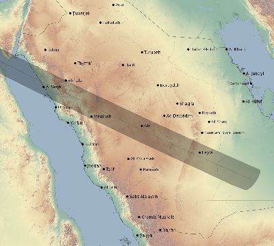 Map of the eclipse path across Saudi Arabia on 05/31/2421