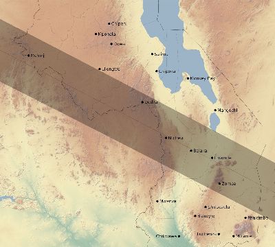 Map of the eclipse path across Malawi on 11/25/2421