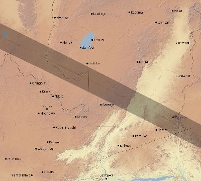 Map of the eclipse path across Zambia on 11/25/2421